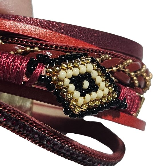 Boho Handmade Red Multi Layer Leather Stacked Bracelet Beaded Design Jewelry - Picture 3 of 7